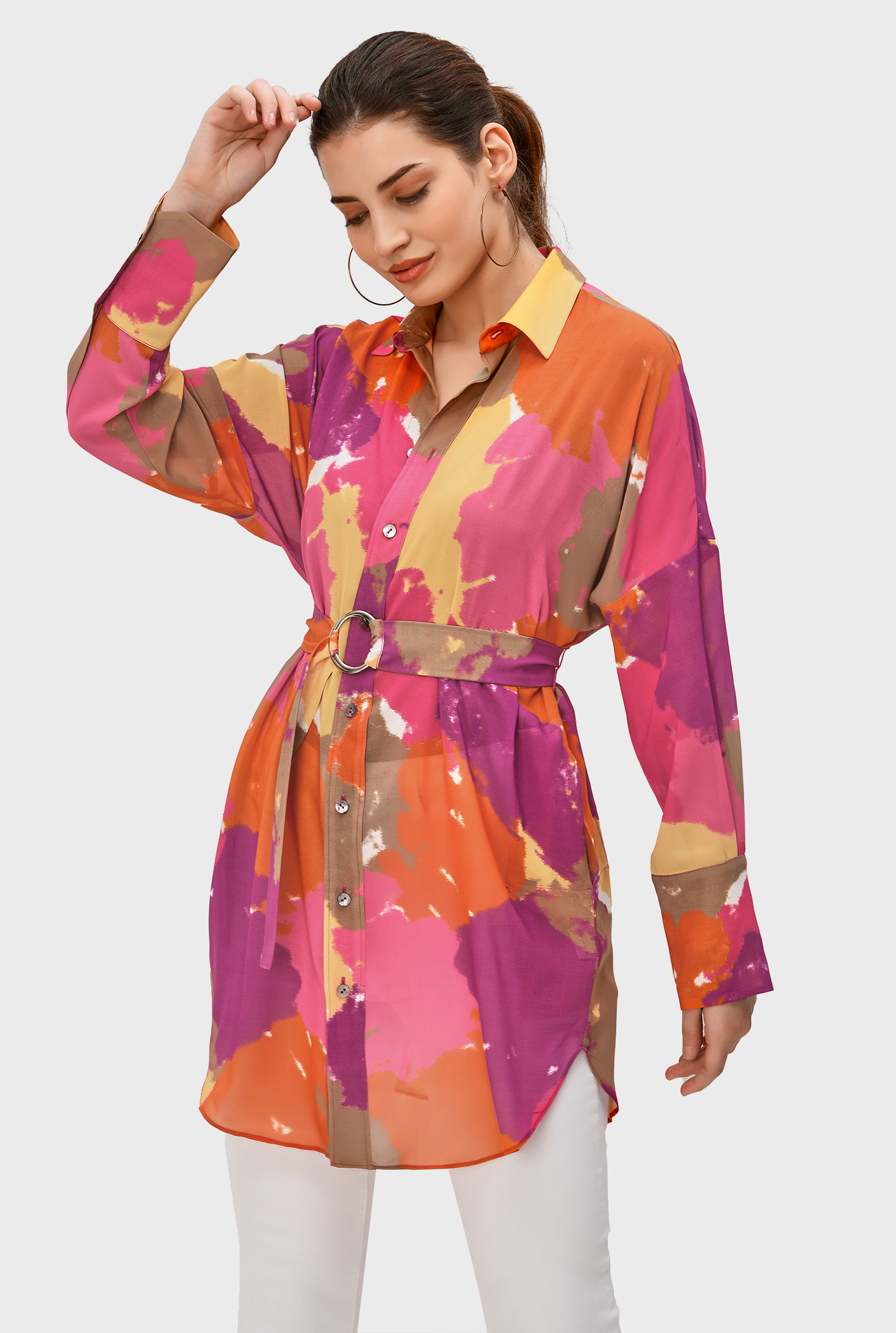 Shop Abstract print georgette belted tunic shirt | eShakti