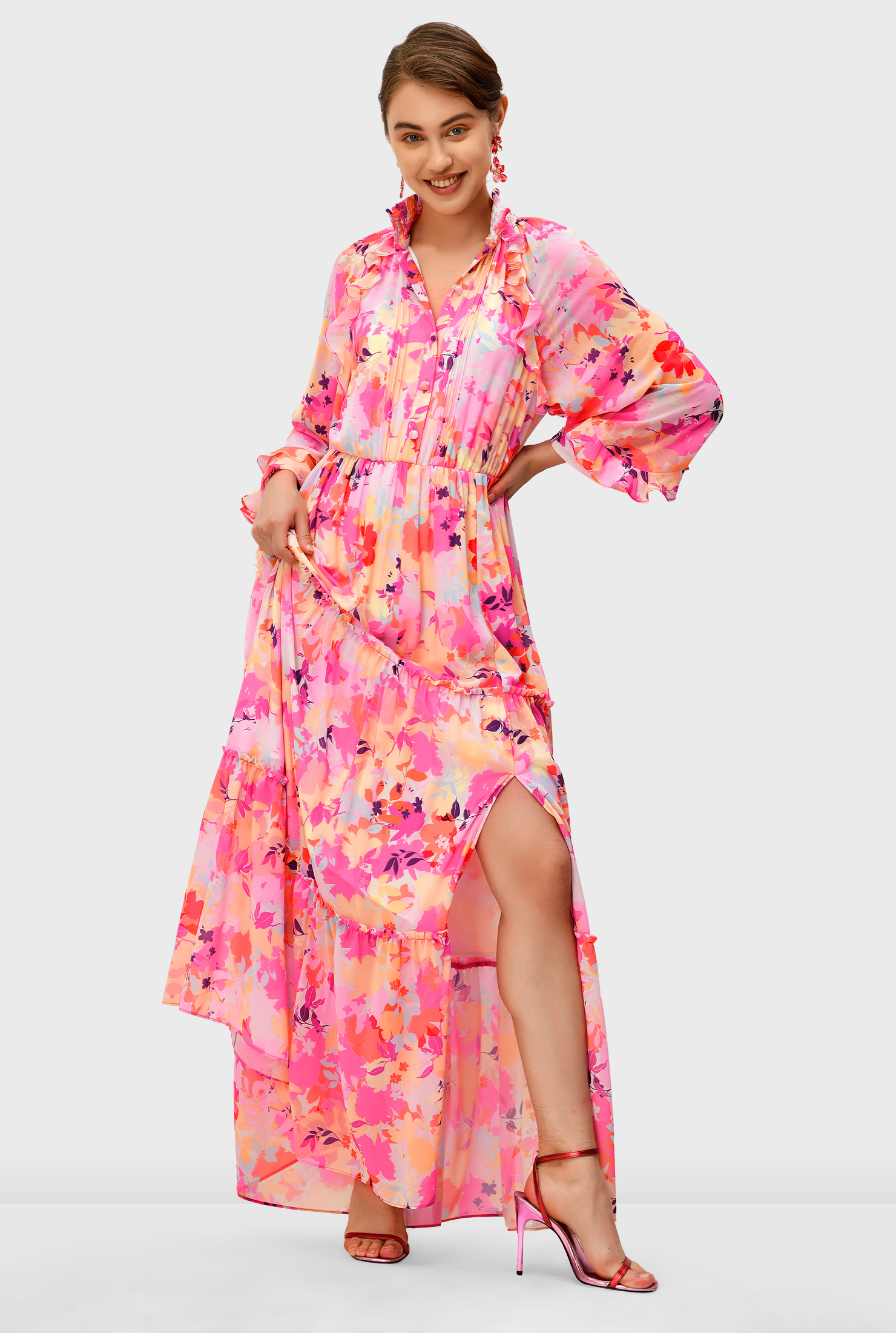 Shop Ruffle trim floral print georgette tiered dress | eShakti