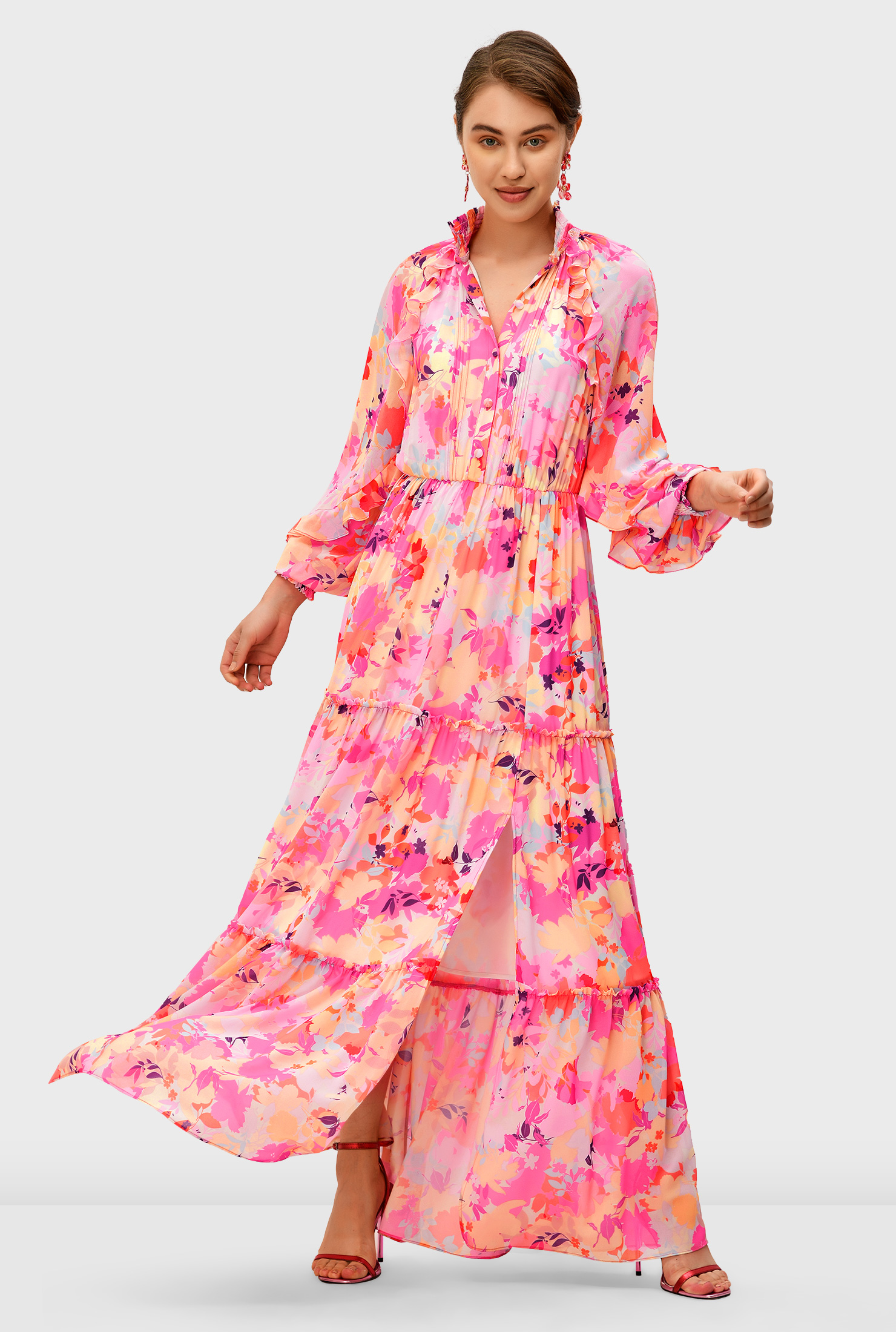 Shop Ruffle trim floral print georgette tiered dress | eShakti