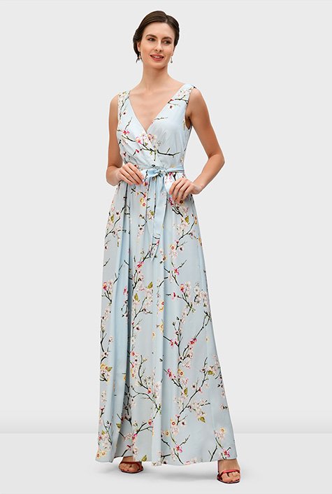 Shop Cherry blossom print satin surplice dress | eShakti