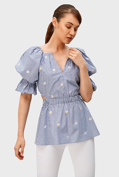 Shop Daisy embroidery stripe cotton peplum top | eShakti