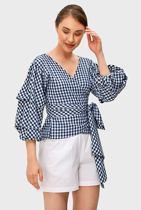 Shop Gingham check cotton blend wrap top | eShakti