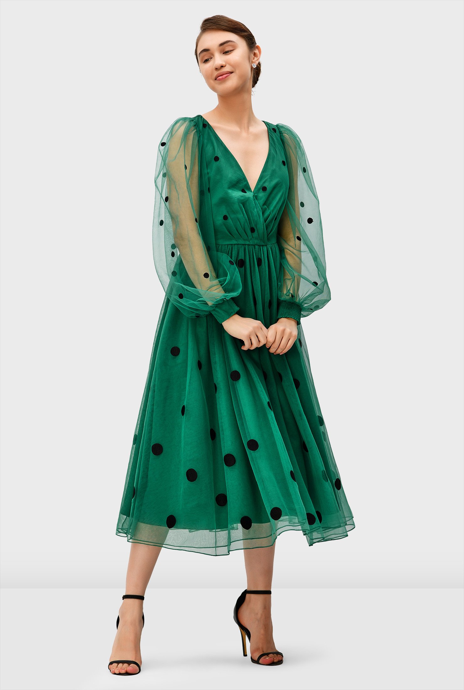 Shop Polka dot embroidery mesh surplice dress | eShakti