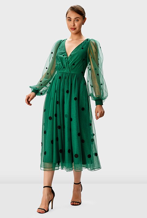 Shop Polka dot embroidery mesh surplice dress | eShakti