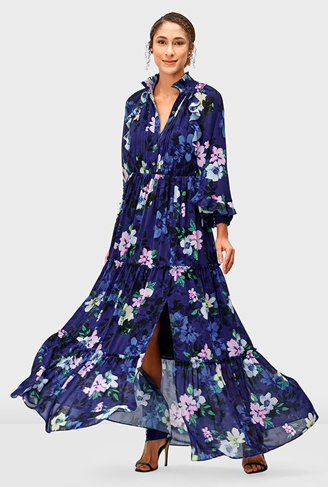 Shop Ruffle trim floral print georgette tiered dress | eShakti