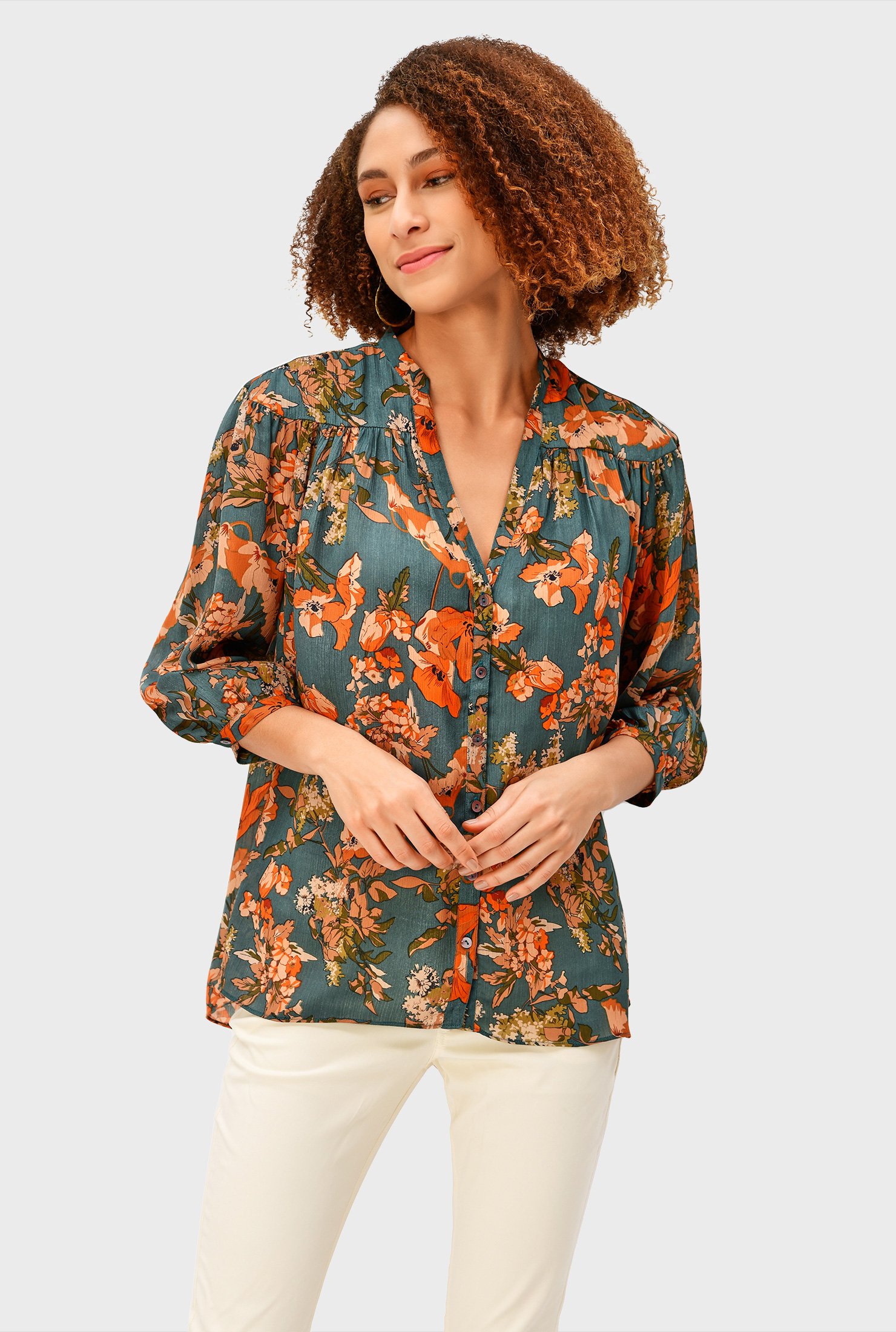 Shop Ruched floral print chiffon blouse | eShakti