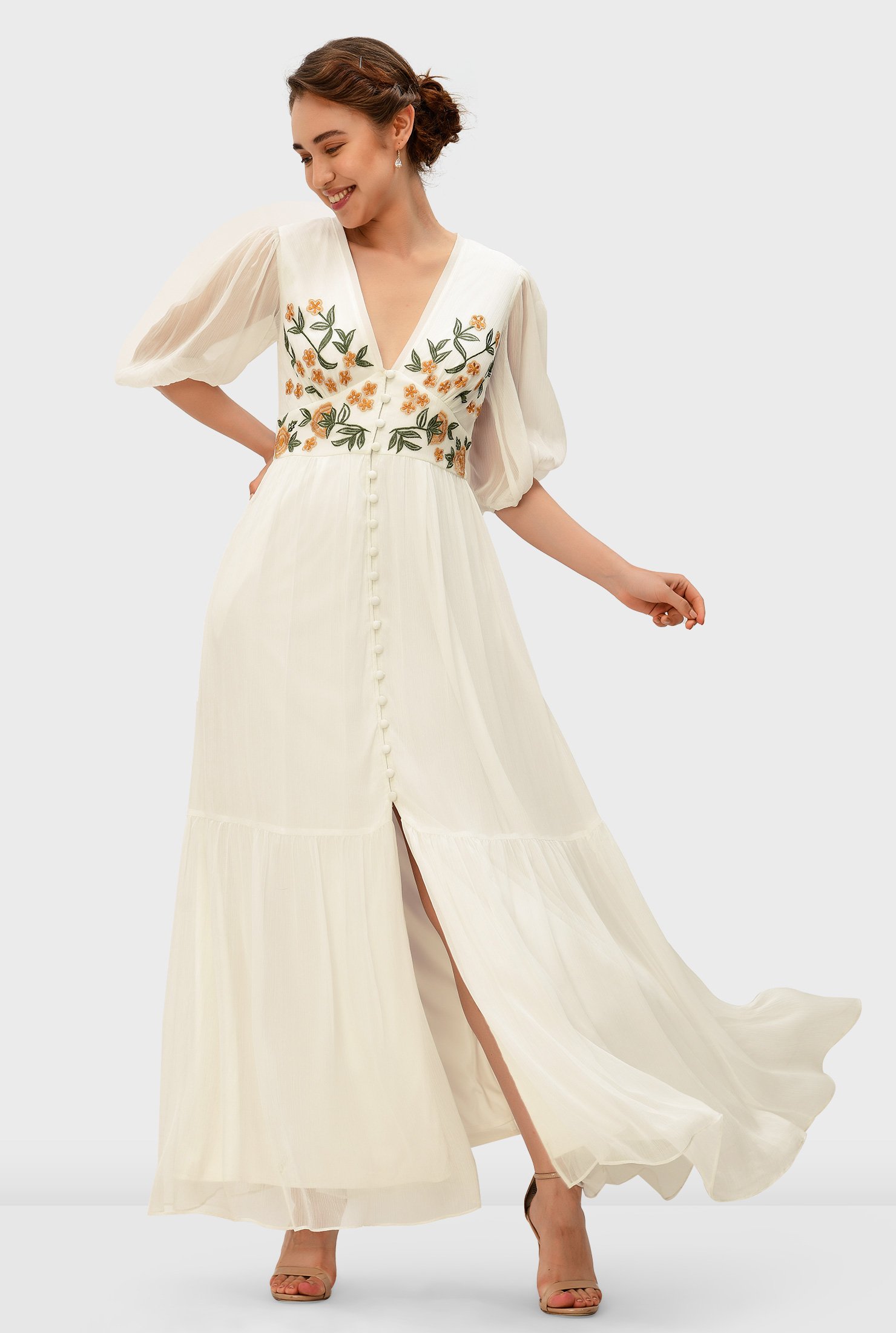Floral embroidery chiffon banded empire dress