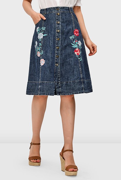 Shop Floral embroidery cotton denim skirt | eShakti
