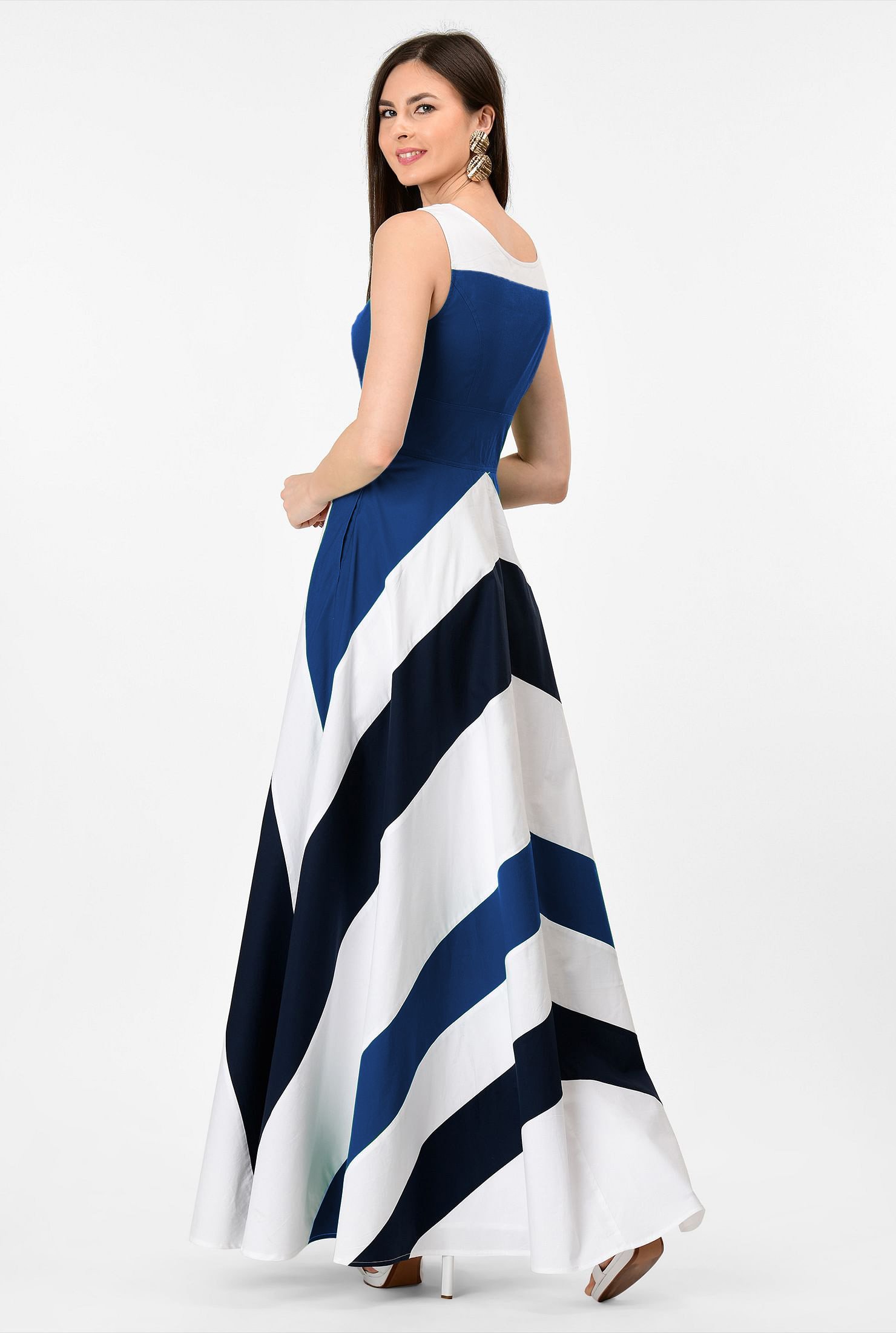 Plus Size Chevron Color Block Jersey Maxi Dress Zigzag Stripe Long Sleeve 