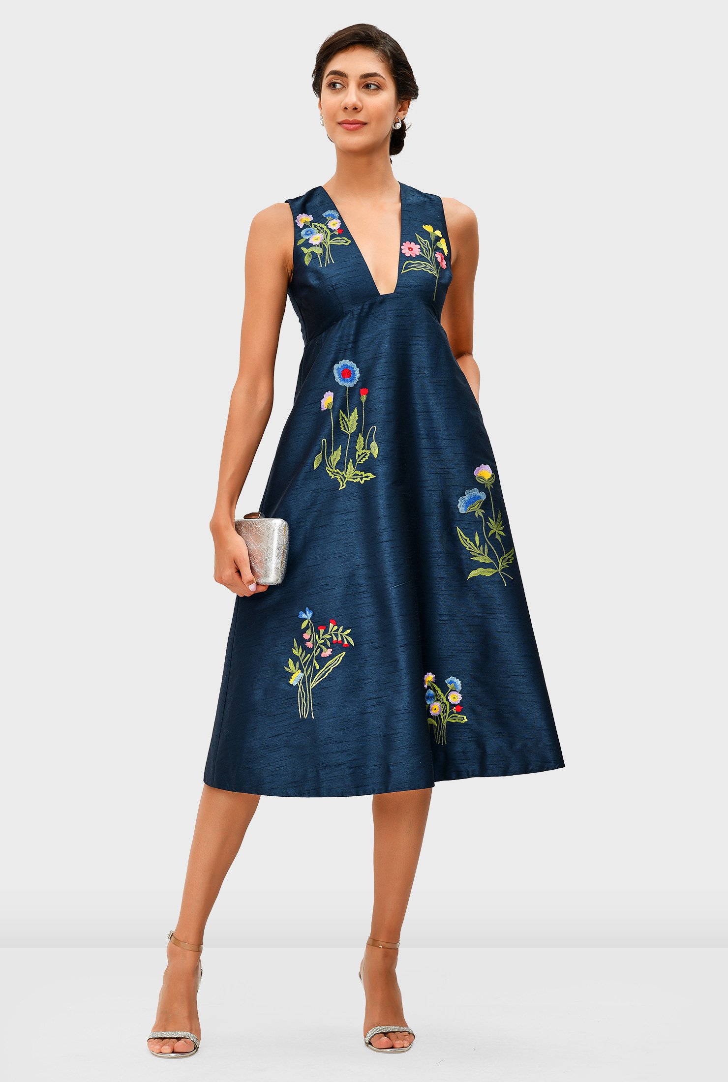 Floral embroidery dupioni empire dress