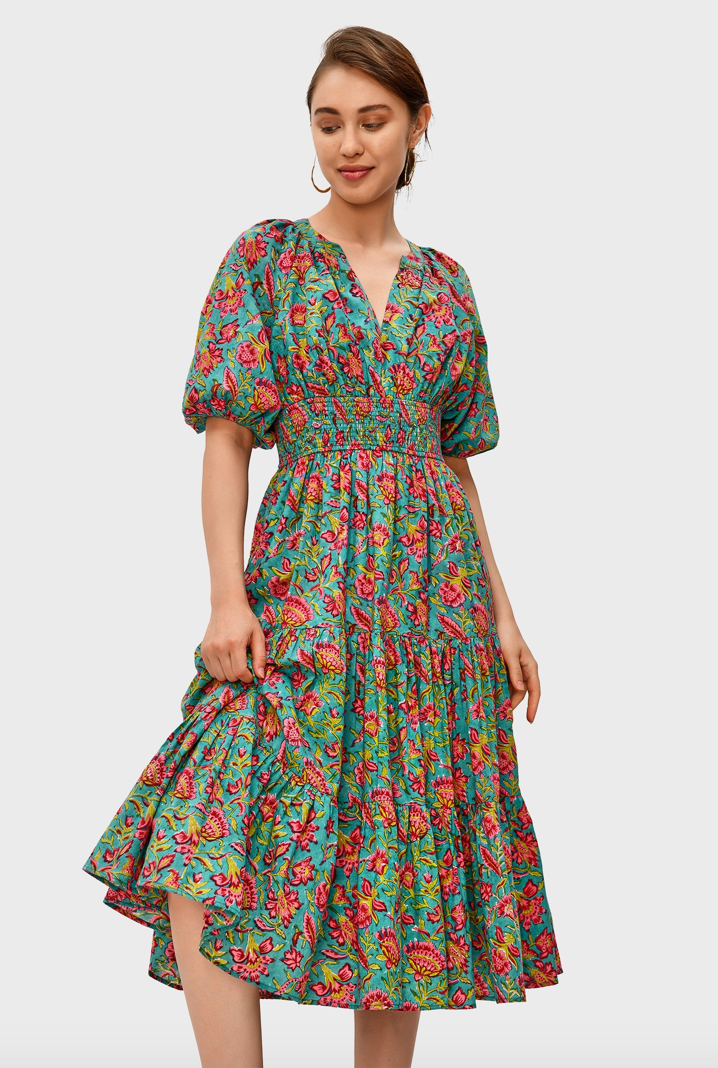 Shop Floral hand block print cotton blouson dress | eShakti