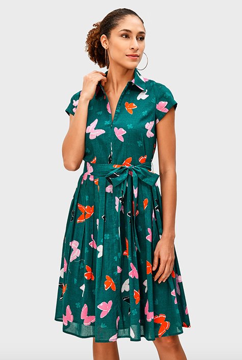 Shop Zip front butterfly print cotton voile dress