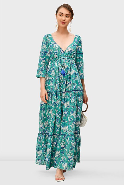 Shop Floral hand block print cotton tiered maxi dress | eShakti