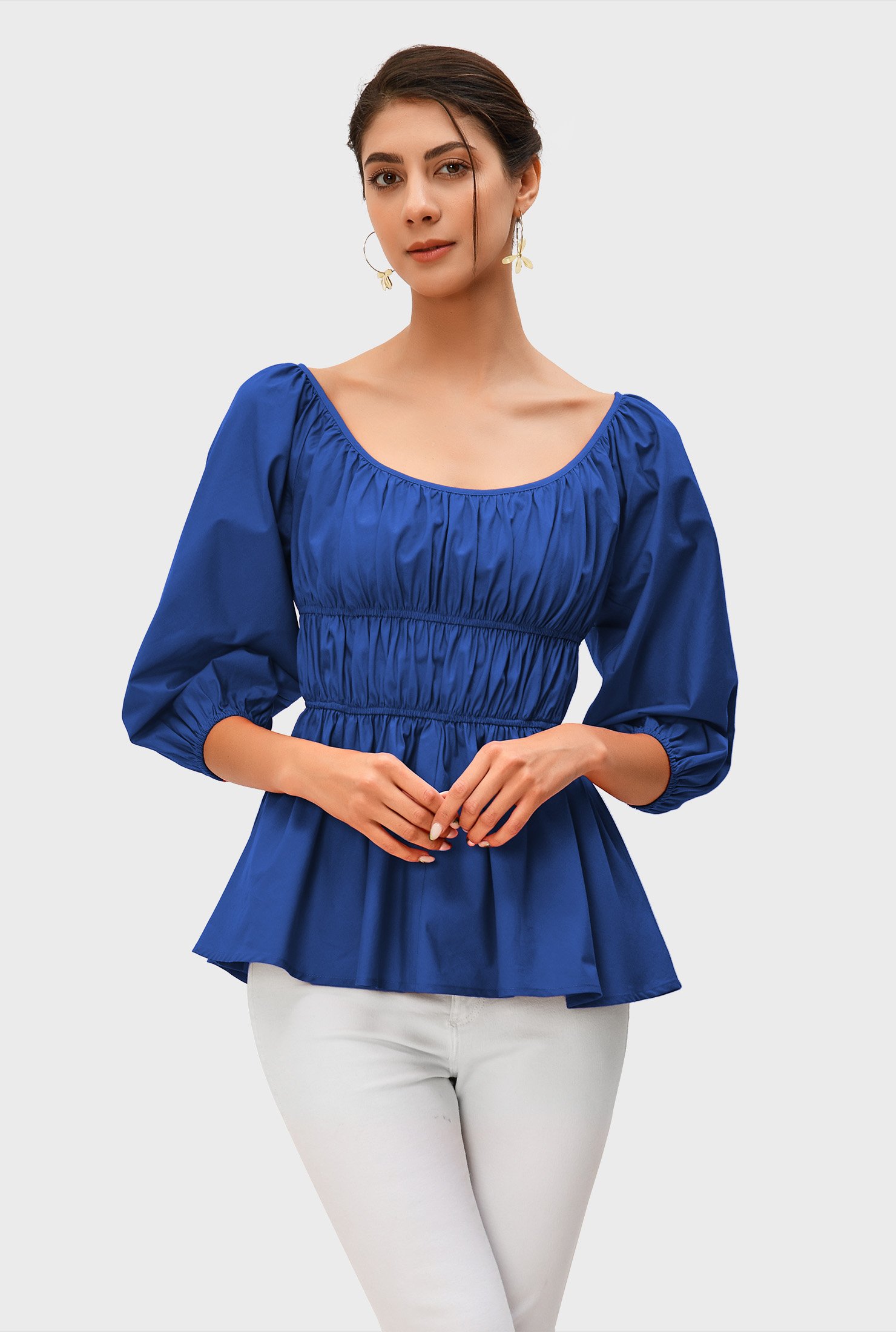 Womens Bell Sleeve Peplum Frill Ladies Gather Sheering Turtle Neck Ruched Tops