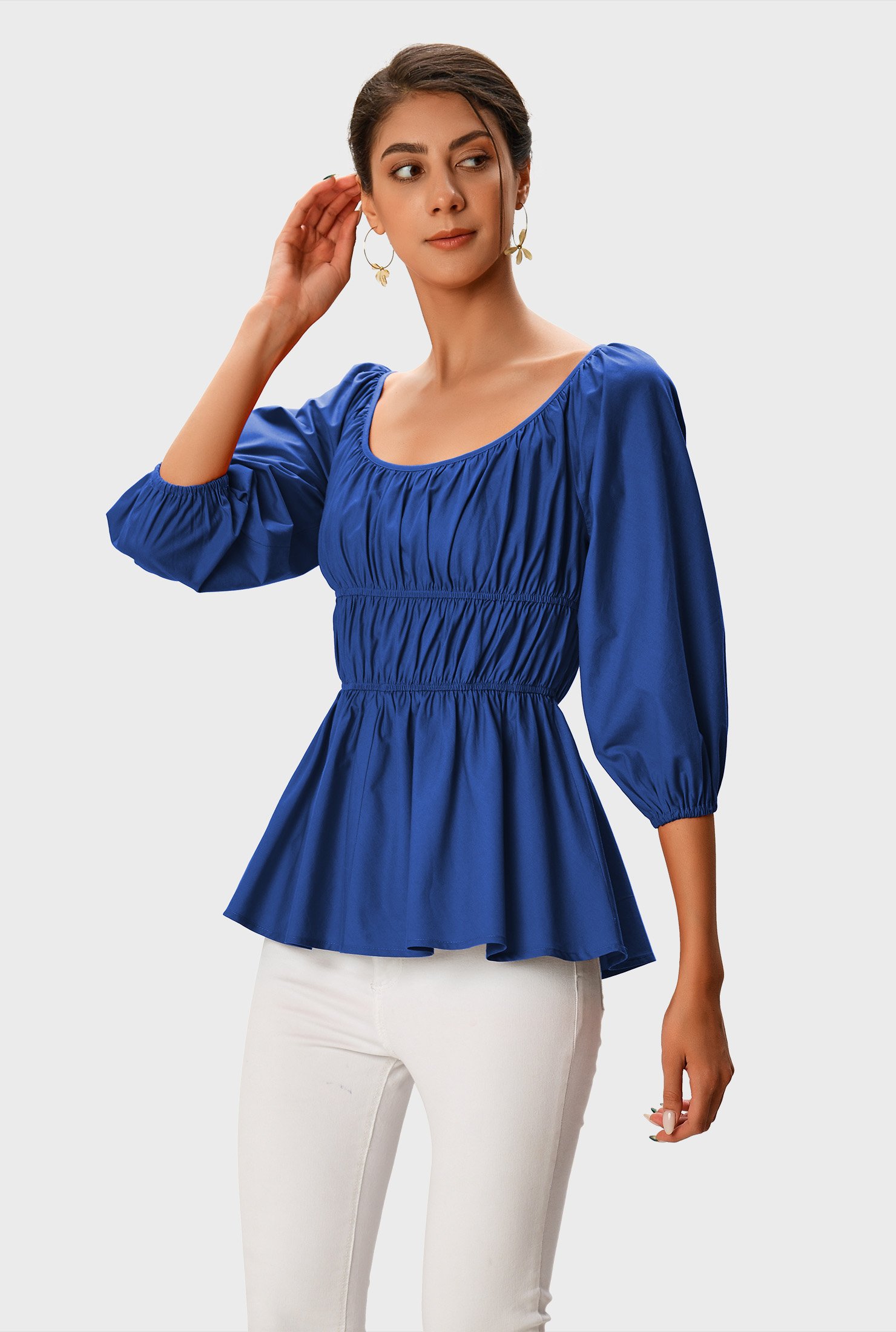 Womens Bell Sleeve Peplum Frill Ladies Gather Sheering Turtle Neck Ruched Tops