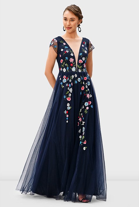 Plunge floral embroidery sheer mesh dress