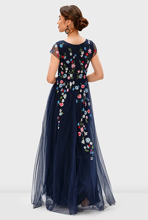 Plunge floral embroidery sheer mesh dress