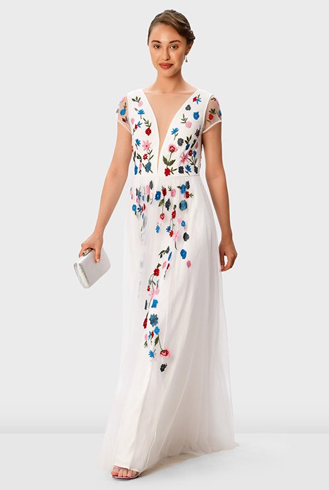 Shop Plunge floral embroidery sheer mesh dress