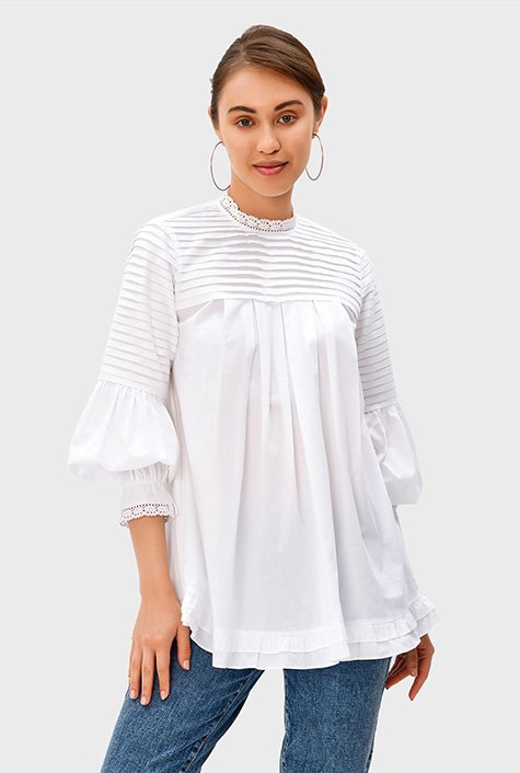 Lace trim pleated Egyptian Giza cotton voile top