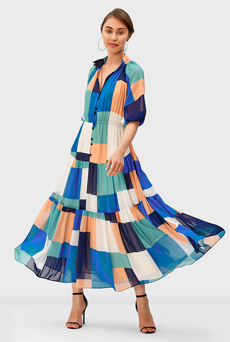 Shop Color block print georgette tiered dress eShakti