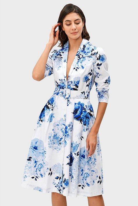 Shop Floral print cotton poplin shirtdress | eShakti