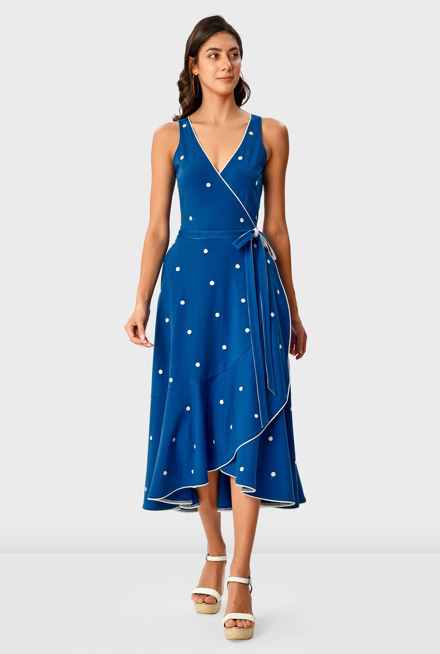 Shop Polka Dot Embroidery Cotton Jersey Wrap Maxi Dress Eshakti