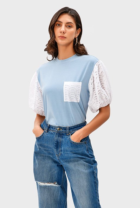 Shop Eyelet puff sleeve cotton jersey top | eShakti