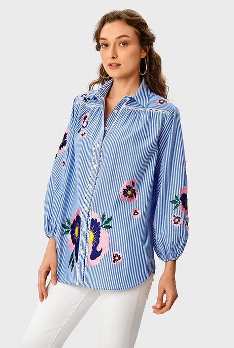 Floral embroidery stripe cotton shirt