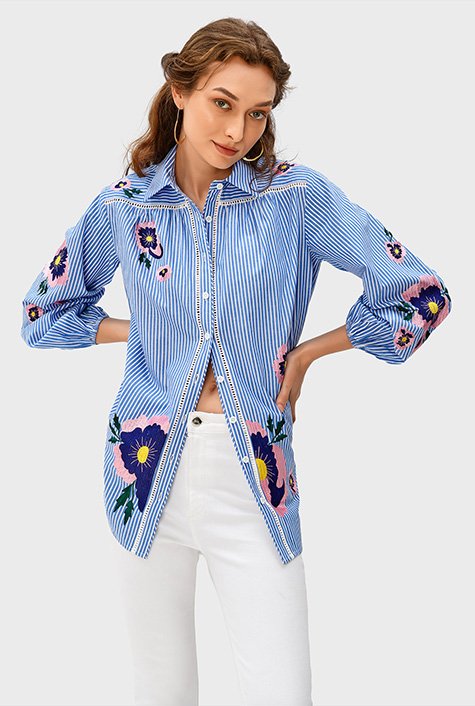 Floral embroidery stripe cotton shirt