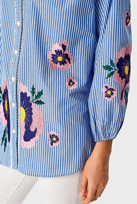 Shop Floral embroidery stripe cotton shirt | eShakti
