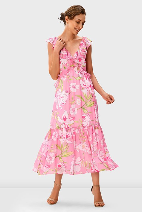 Ruffle floral print georgette tiered empire dress