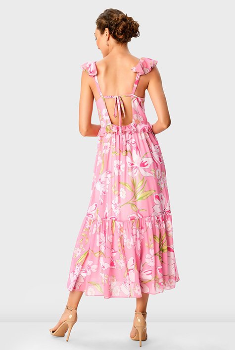 Ruffle floral print georgette tiered empire dress