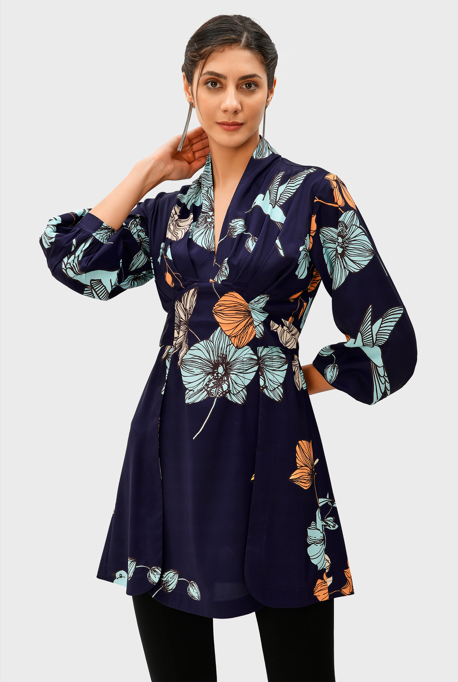 Shop Pleated floral bird print crepe empire tie-back top