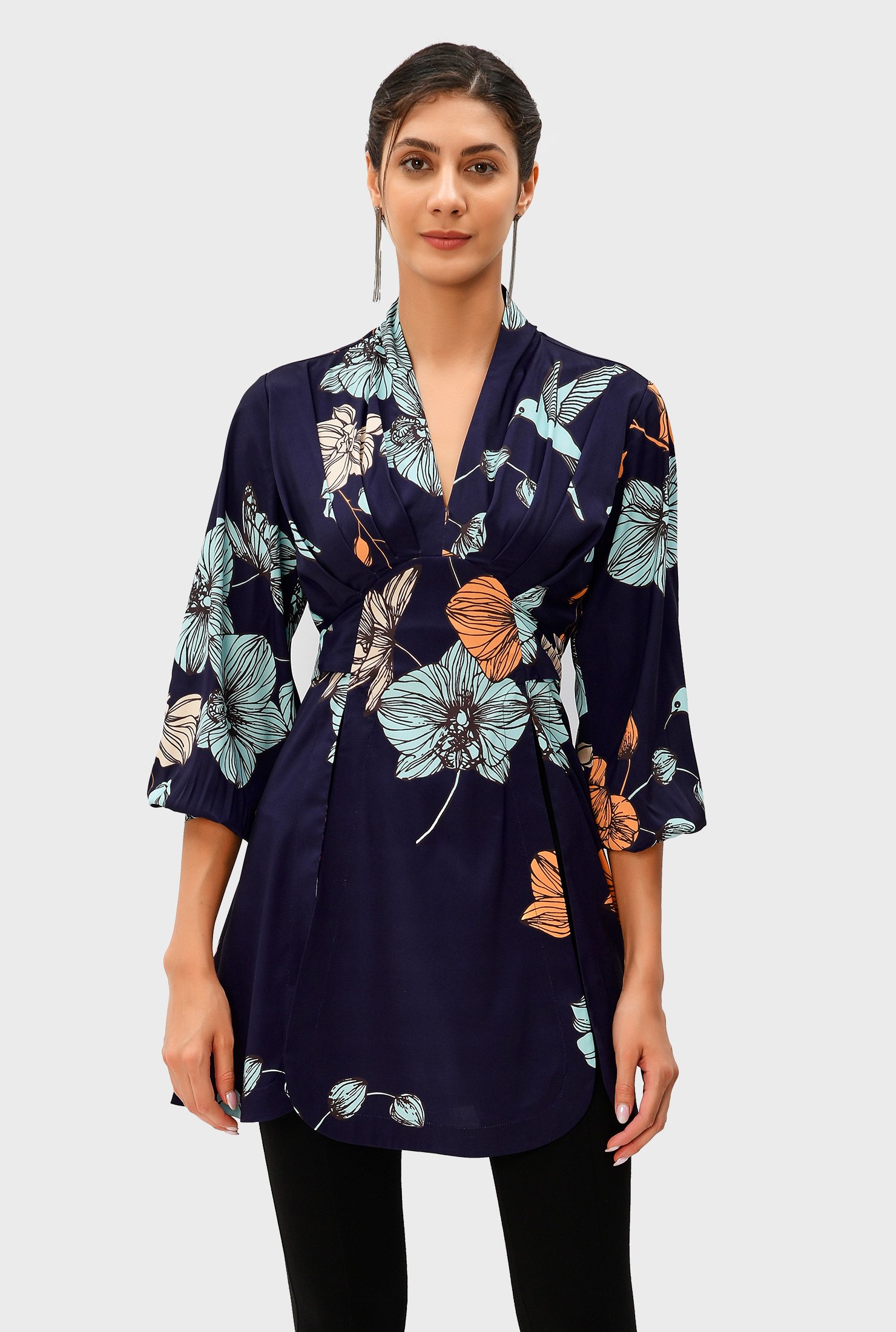 Shop Pleated floral bird print crepe empire tie-back top | eShakti