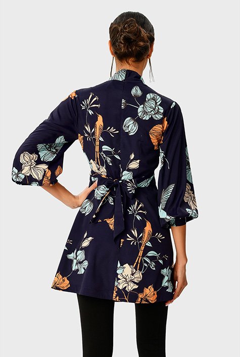 Pleated floral bird print crepe empire tie-back top