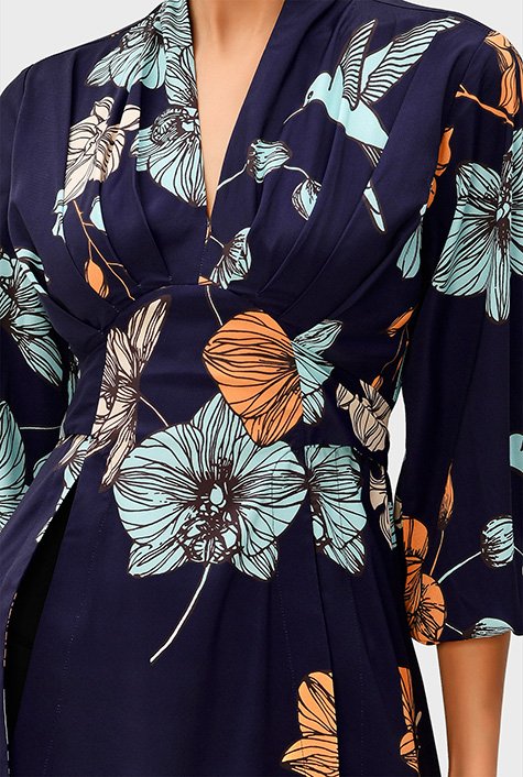Shop Pleated floral bird print crepe empire tie-back top | eShakti