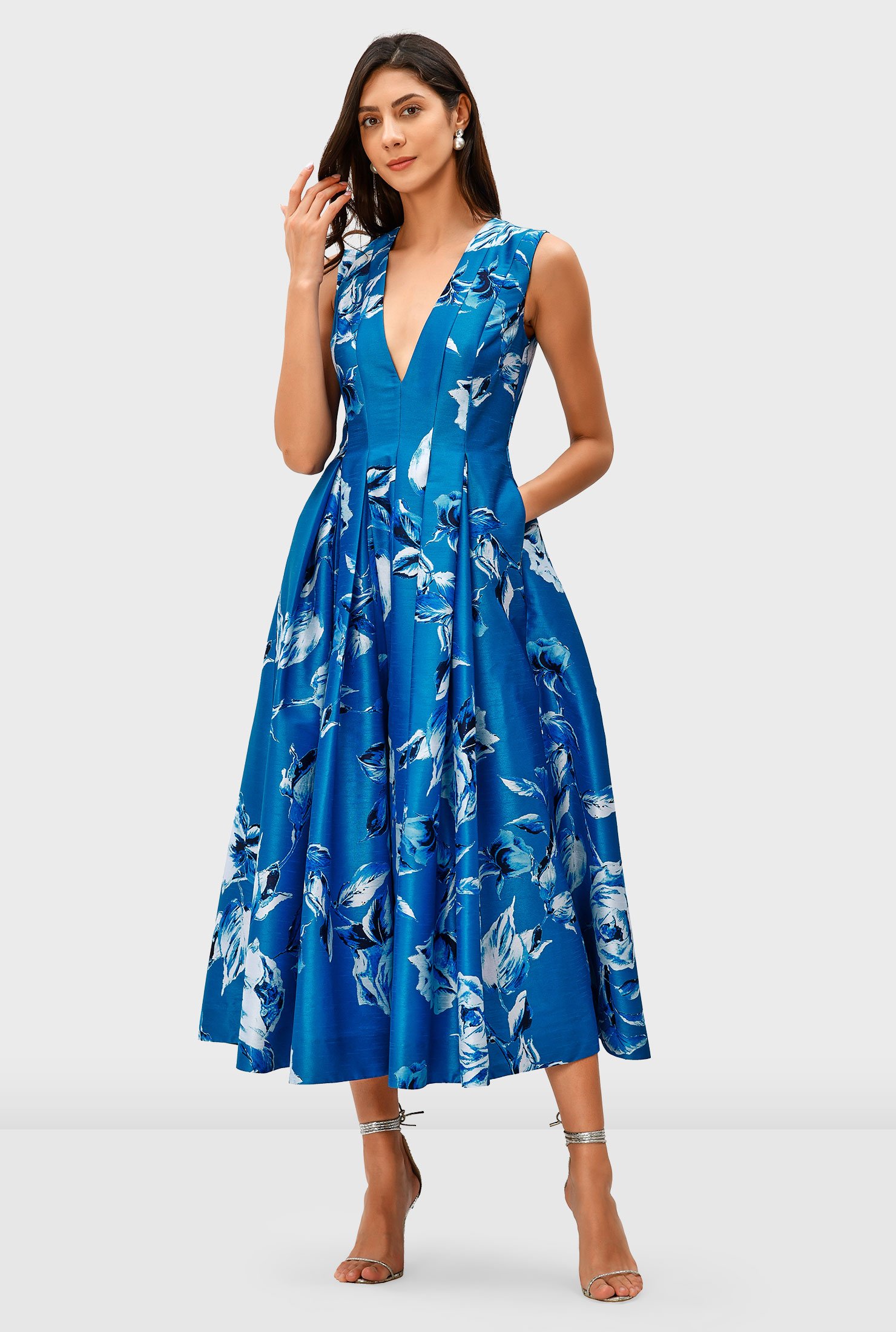 Shop Floral print dupioni release pleat dress | eShakti