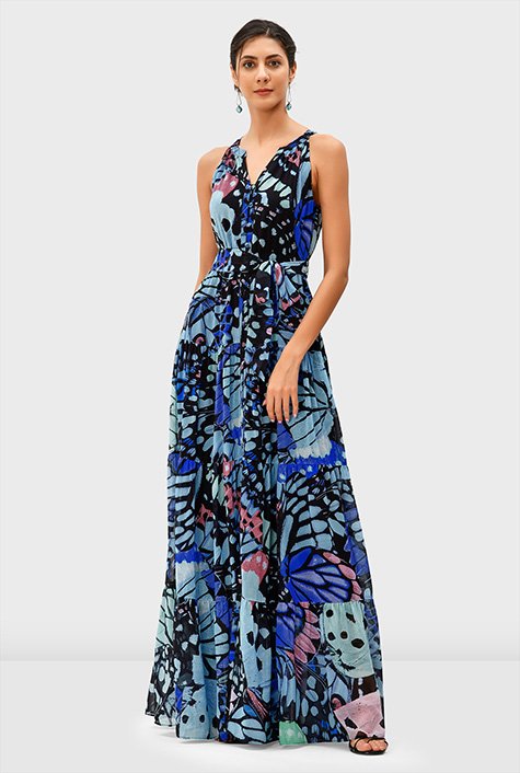 Shop Butterfly print georgette ruched tier dress