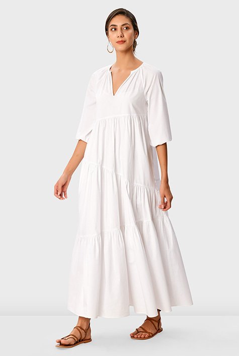 Shop Ruched cotton poplin asymmetric tier dress | eShakti