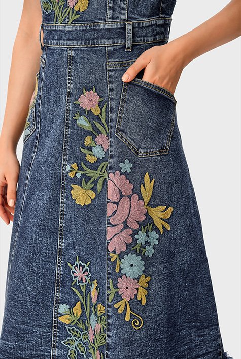 Shop Pieced cotton denim floral embellished jumper dress