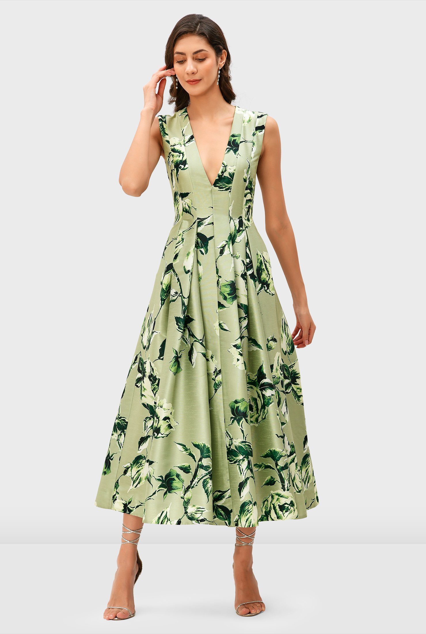 Shop Floral print dupioni release pleat dress | eShakti