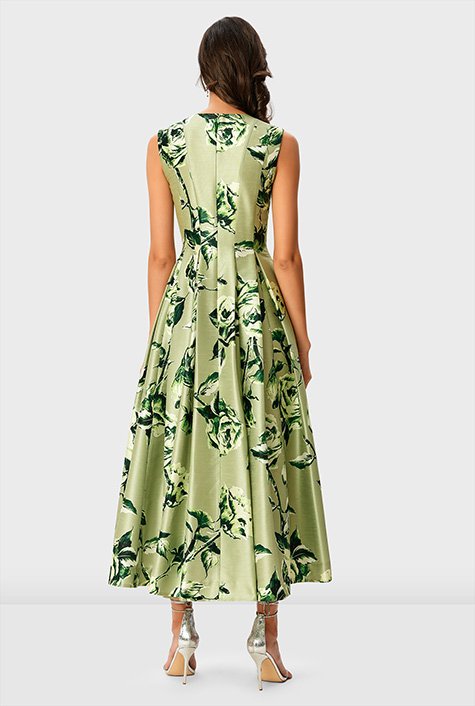 Shop Floral print dupioni release pleat dress | eShakti