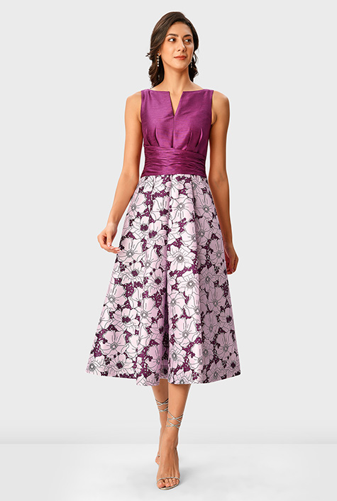 Shop Asymmetric pleat waist floral print dupioni dress eShakti