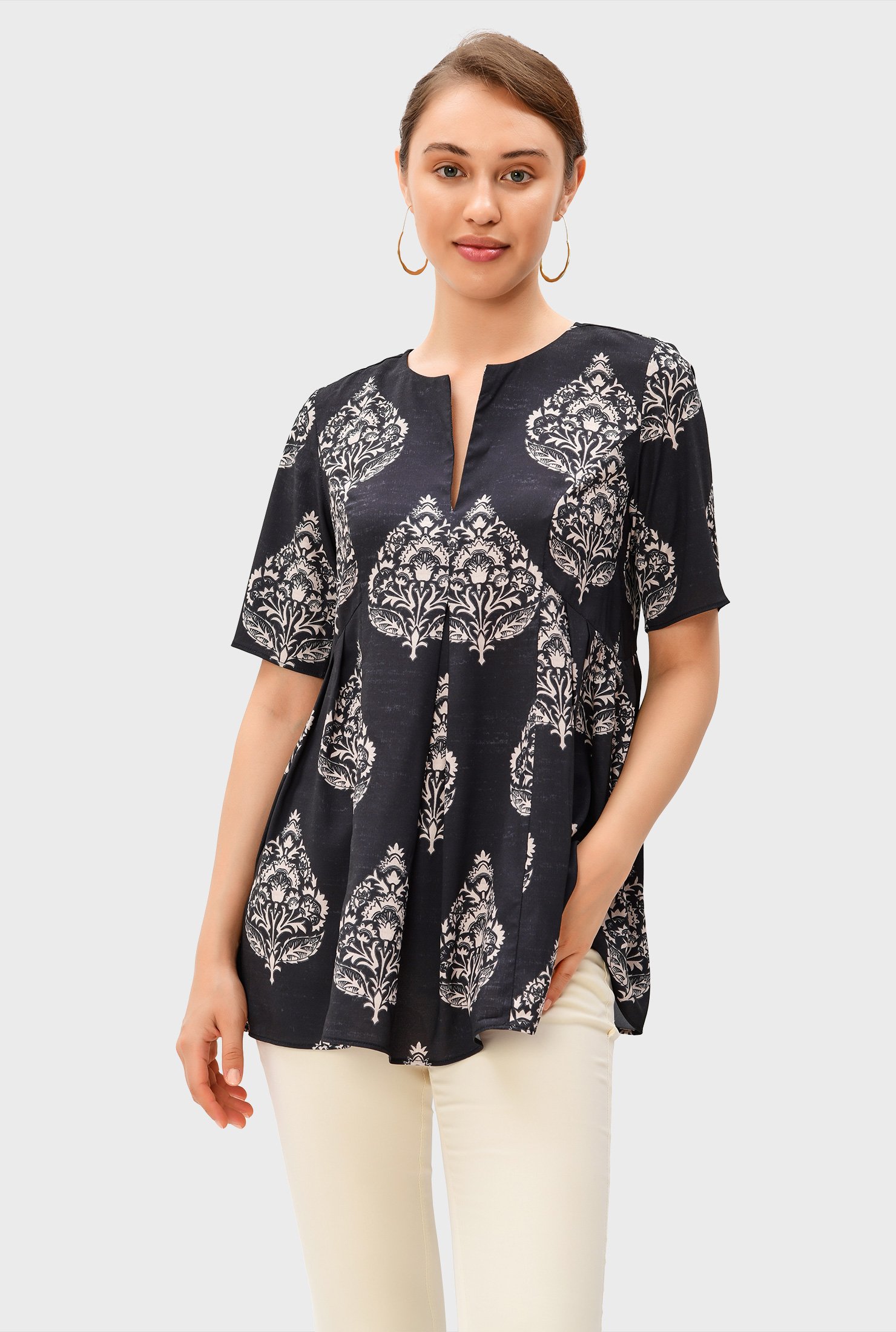 Graphic floral print crepe release pleat tunic
