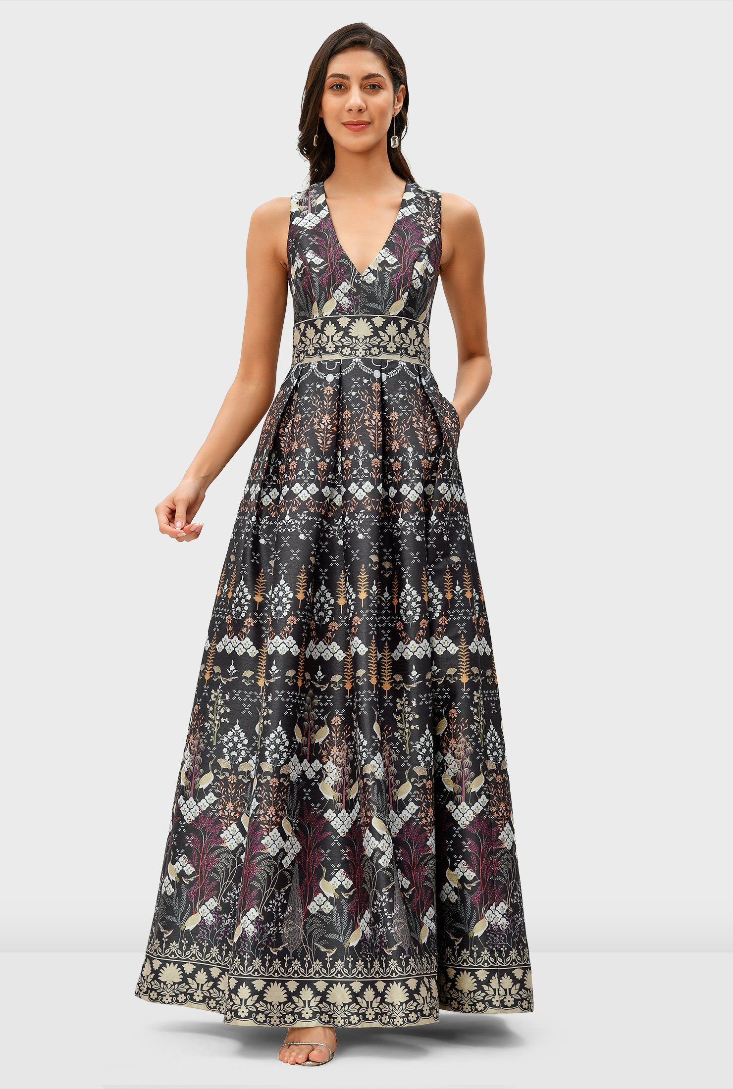 Shop Floral bird tile print dupioni maxi dress | eShakti