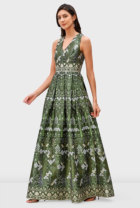 Shop Floral bird tile print dupioni maxi dress | eShakti