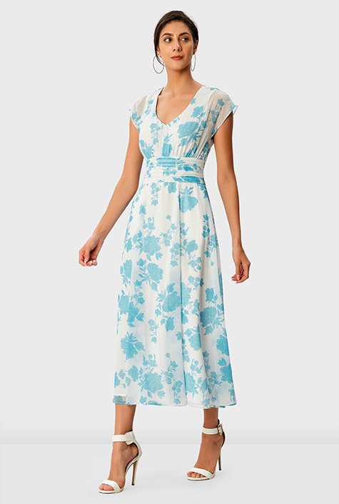 Shop Floral lace print georgette pleated empire dress | eShakti