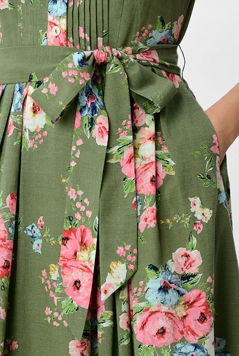 Pintuck pleat floral print cotton linen dress