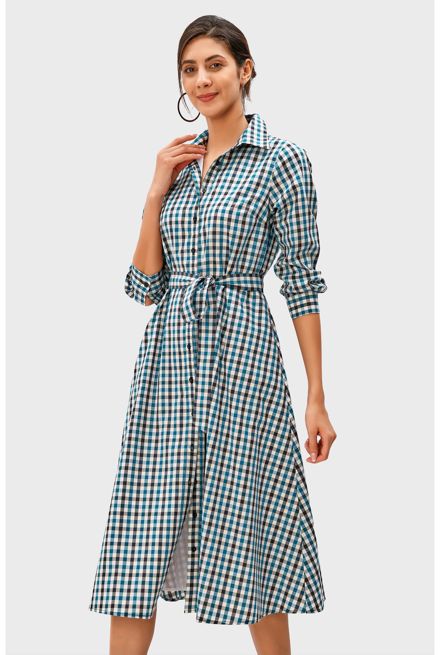 Shop Gingham check cotton A-line shirt dress | eShakti