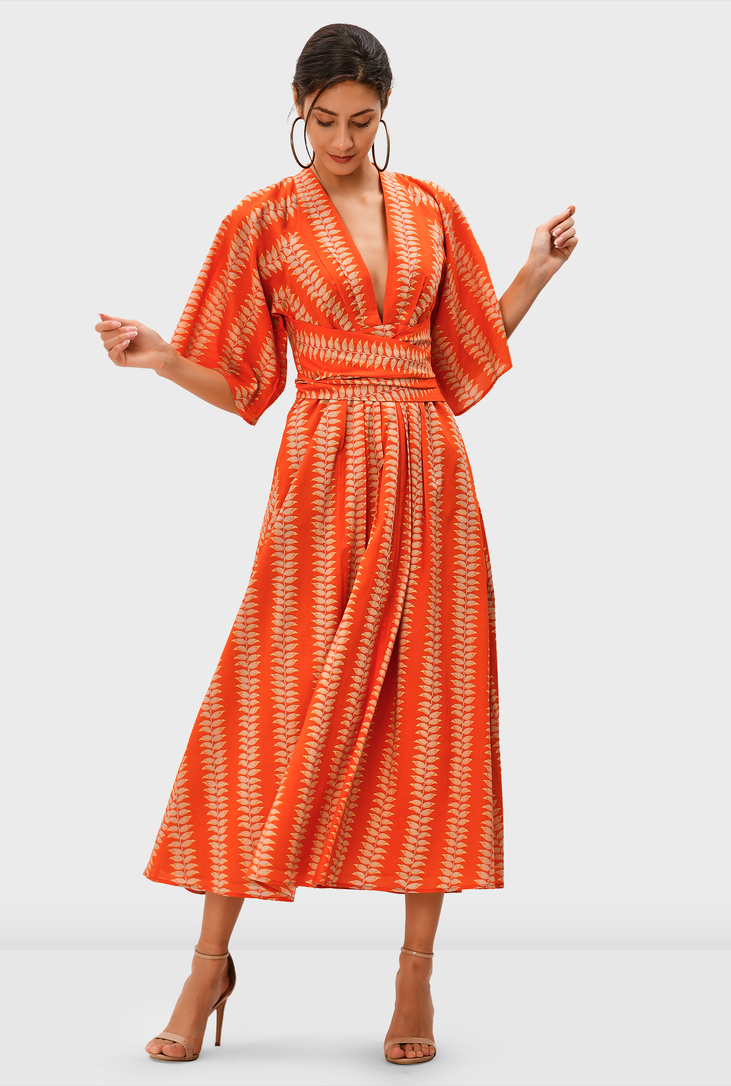 Shop Plunge leaf print cotton voile maxi dress eShakti